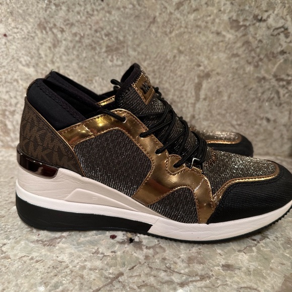 Michael Kors black and gold sneakers brown and beige MK print on back - Picture 3 of 5